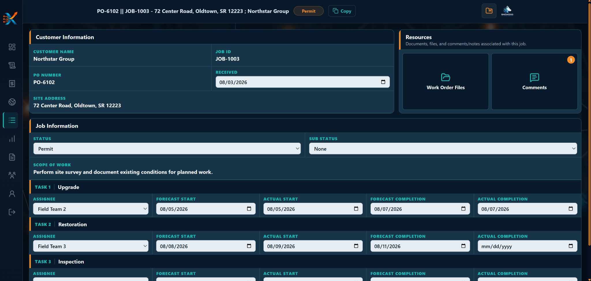 ProjeXtream Job Details screen showing customer, resource, task, status, assignee, and schedule information