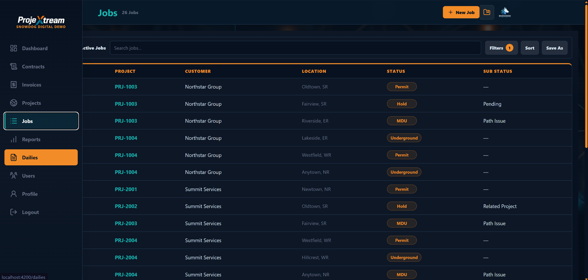 ProjeXtream Jobs list screen showing active jobs, projects, customers, locations and status