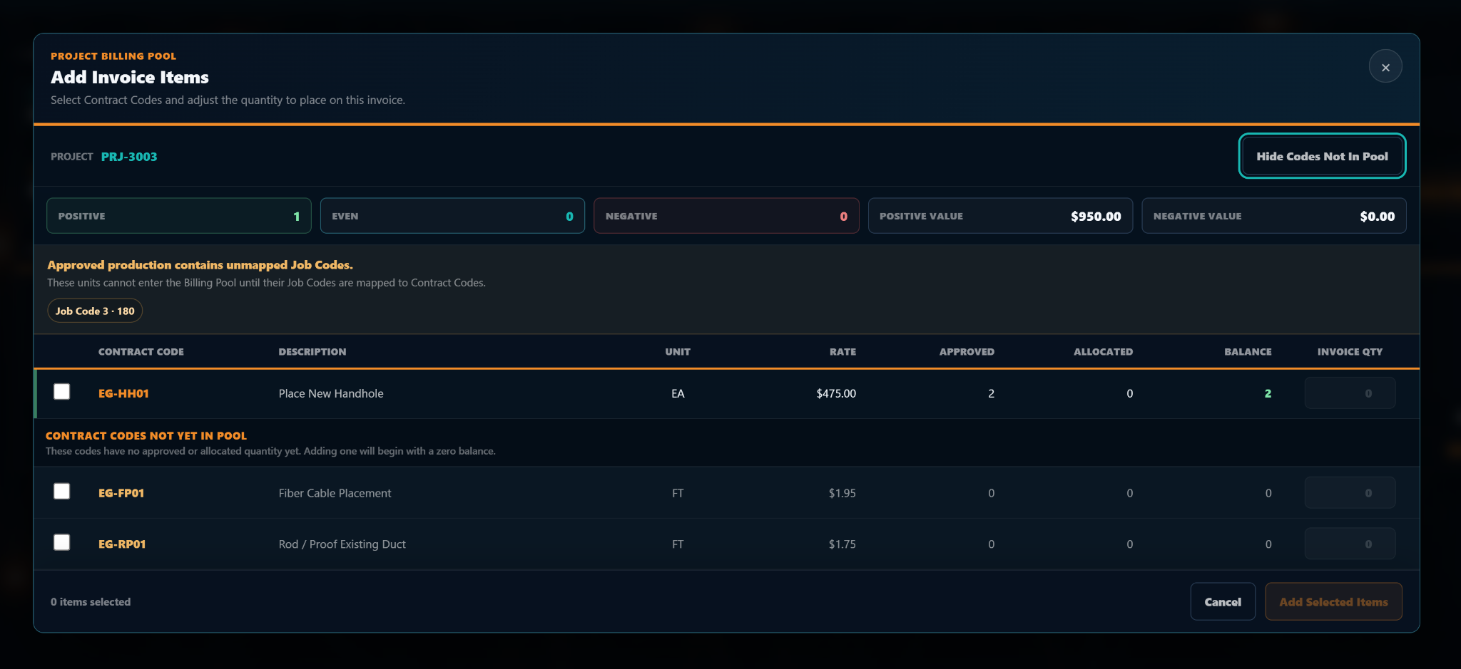 ProjeXtream Project Billing Pool modal showing approved production, contract codes, allocations, balances and invoice quantities