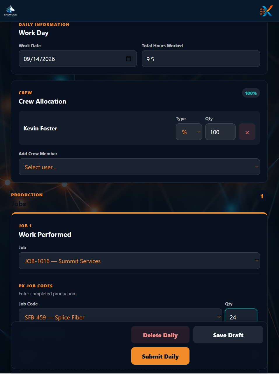 ProjeXtream Daily view showing work date, crew allocation, job, production code quantity and daily submission actions