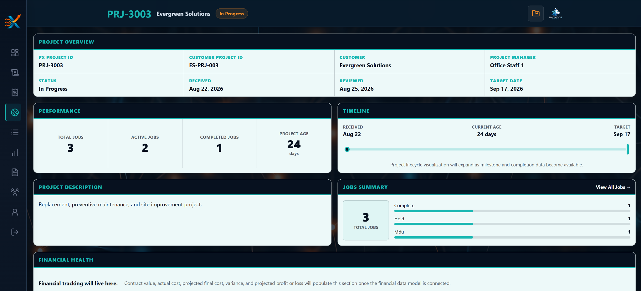 ProjeXtream Project Details view showing project overview, performance, timeline, job summary and financial health